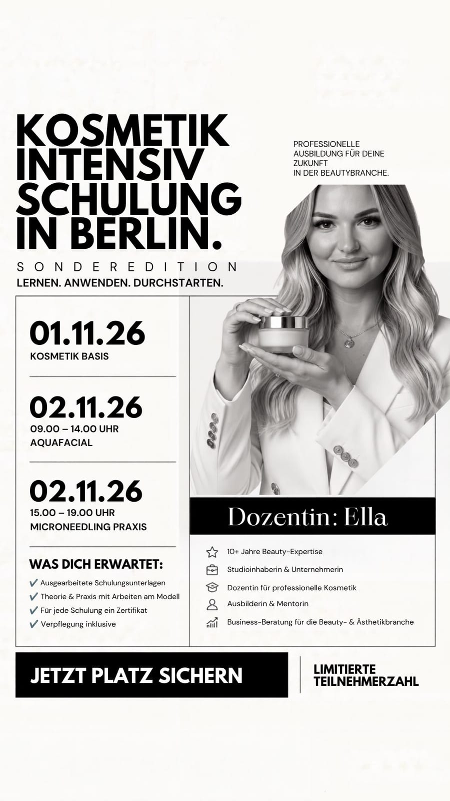 Plakat: Kosmetik-Intensiv-Schulung in Berlin, Sonderedition, 1. und 2. November 2026, Dozentin Ella
