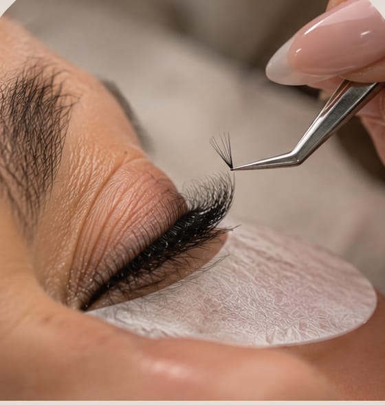 Nahaufnahme einer Wimpernverlängerung mit Pinzette