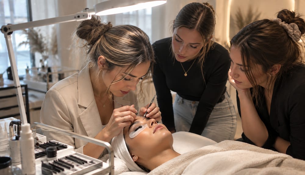 Wimpernschulung: Trainerin zeigt zwei Schülerinnen die Technik am Modell