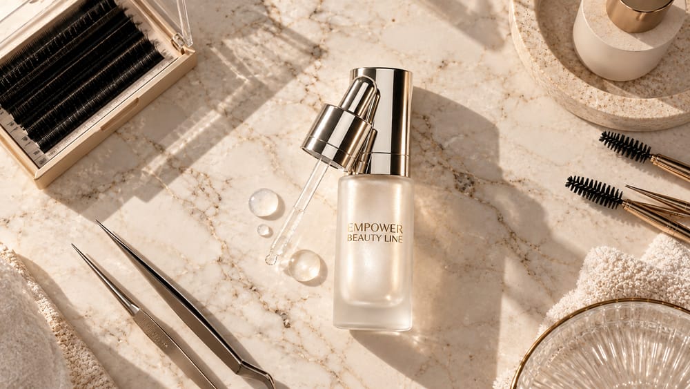 Serum der Empower Beauty Line mit Pinzetten und Wimpernzubehör
